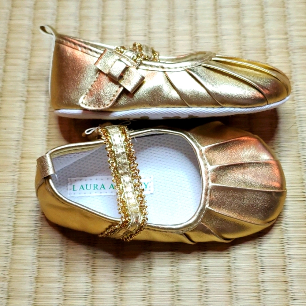 Laura Ashley Gold Ballet Infant Flats w/ Bow Strap - Picture 2 of 7